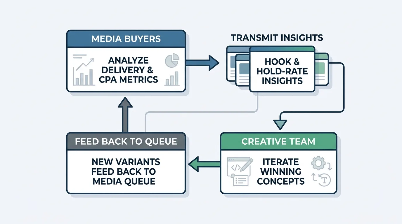 Flowchart representing the tight feedback loop between media buying and creative testing.