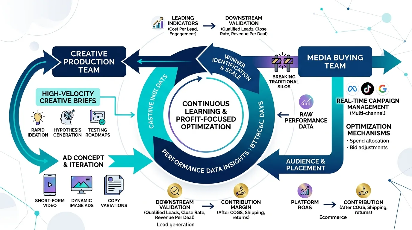 Diagram illustrating the integrated feedback loop between creative production and media buying.