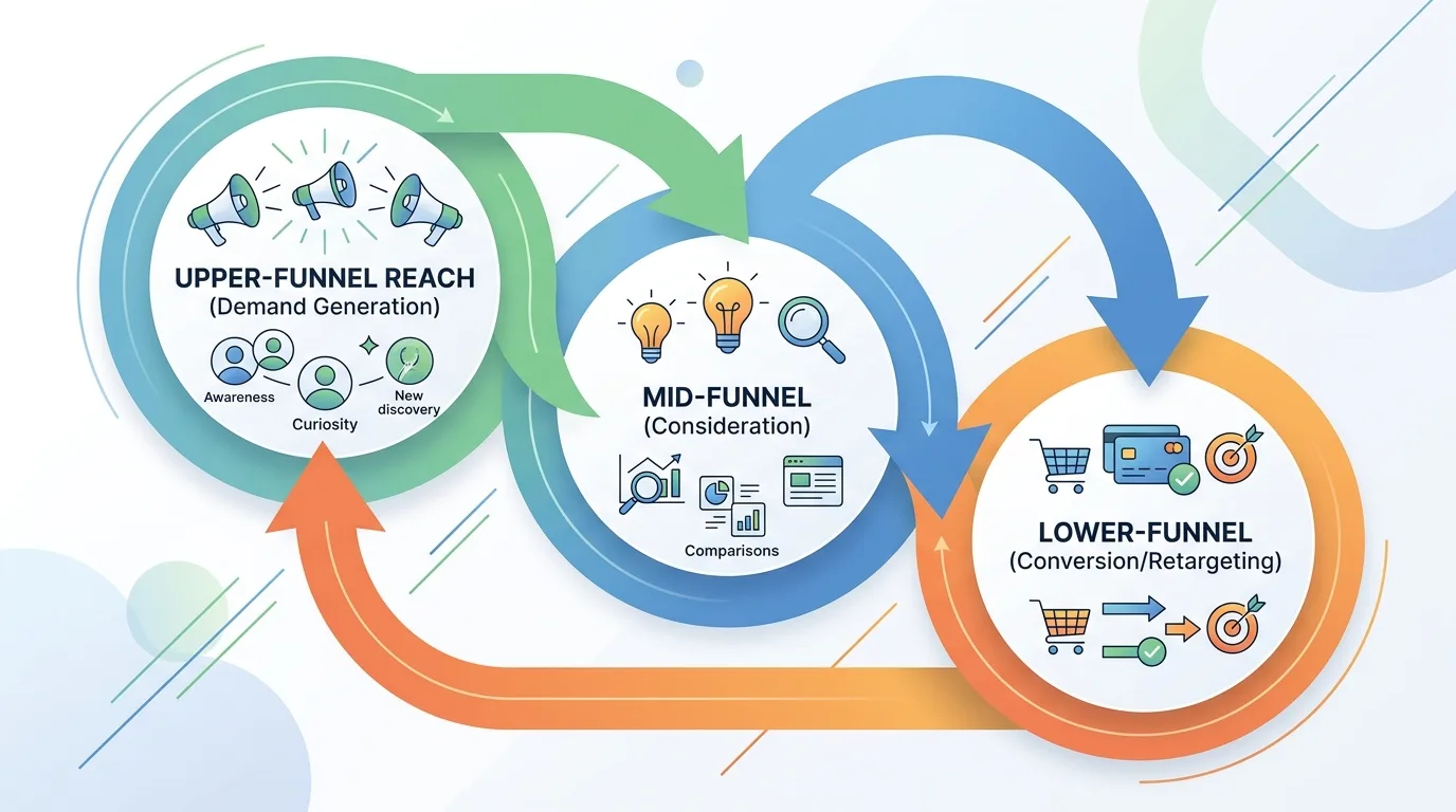Diagram showing the interconnected stages of full funnel media buying: demand generation, consideration, and conversion.