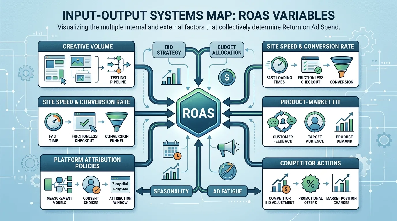 Systems diagram mapping the numerous variables that influence final ROAS