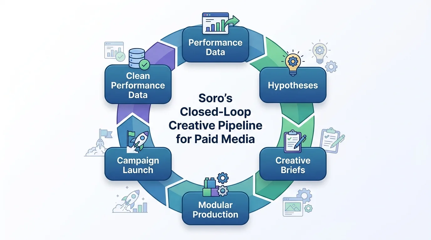Closed-loop creative operations workflow diagram for paid media