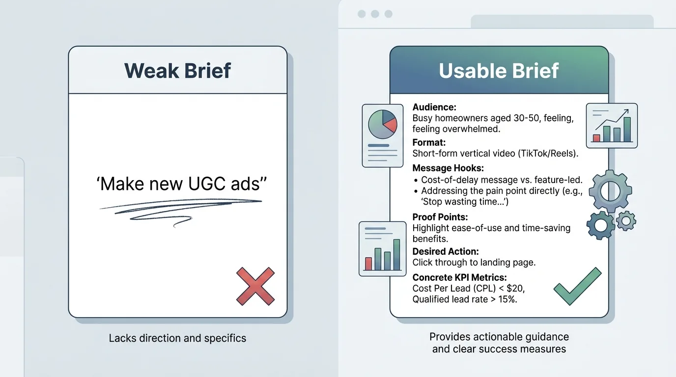 Comparison card showing a weak creative brief versus a usable creative brief