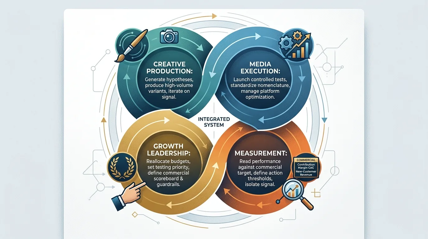 Diagram of the four integrated functions of a paid acquisition operating model