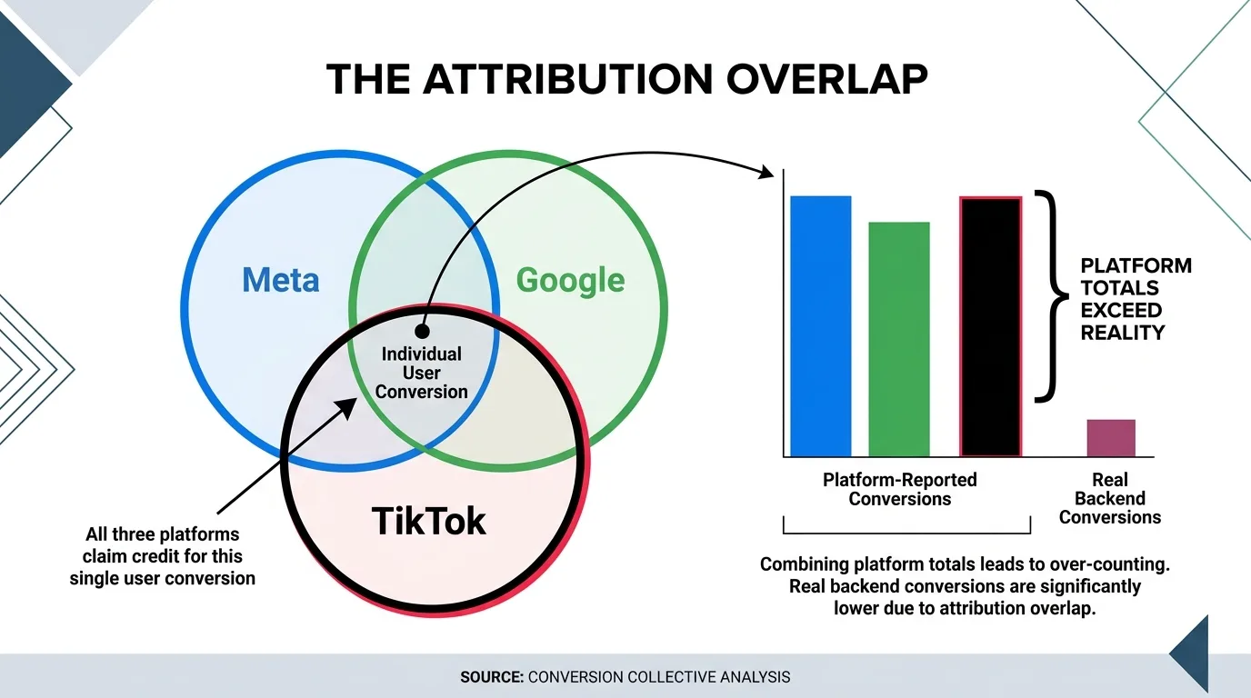 Diagram showing overlapping conversion credit claims among Meta, Google, and TikTok dashboards.