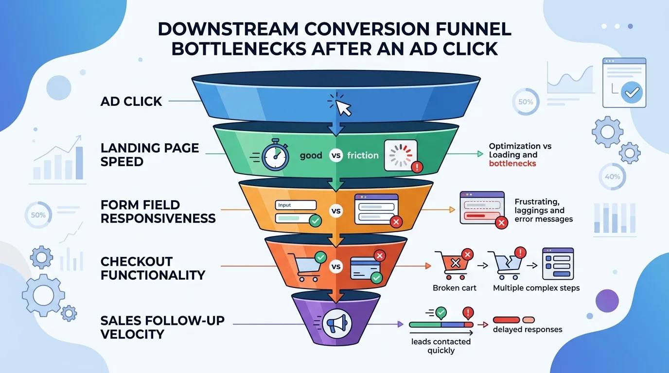 Downstream conversion funnel bottlenecks after an ad click