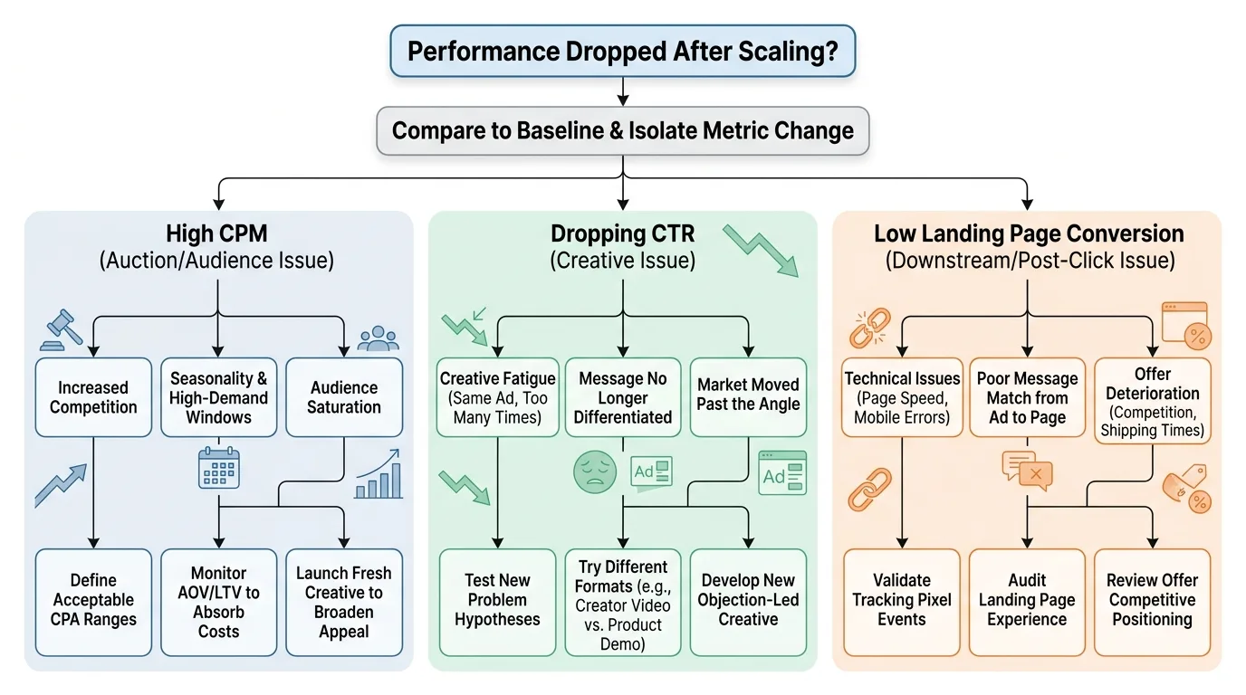 Troubleshooting flow chart for scaled paid ads performance drops