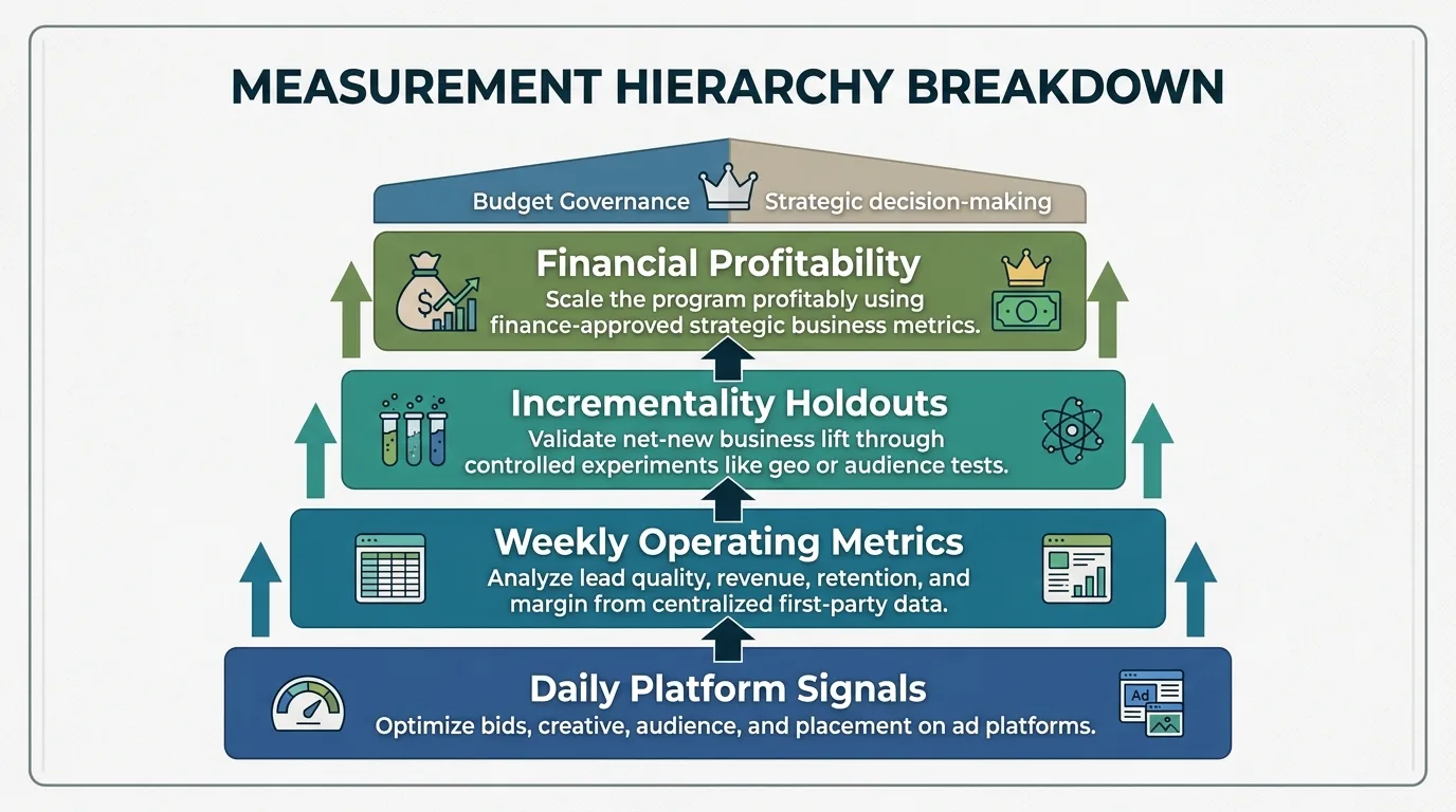 Diagram illustrating the four levels of a post-cookie paid media measurement hierarchy.