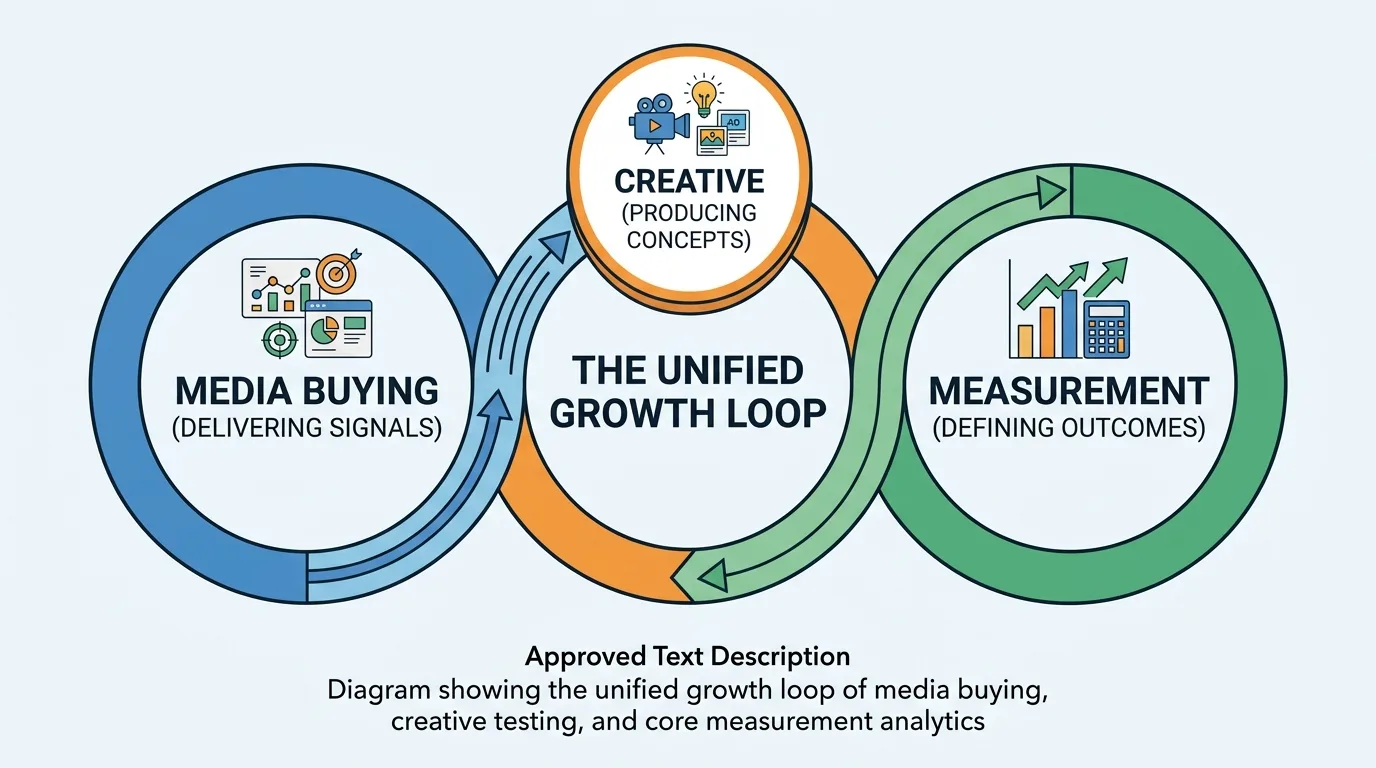 Diagram showing the unified growth loop of media buying, creative testing, and core measurement analytics