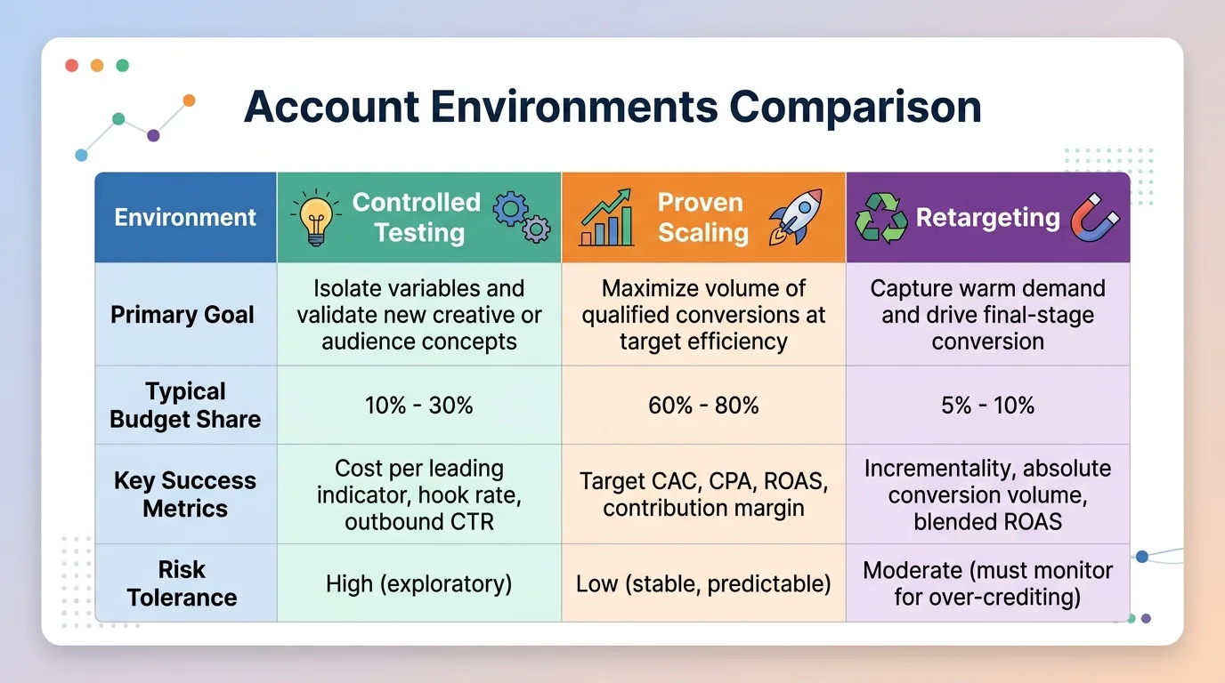 Table comparison of testing, scaling, and retargeting environments for paid channels
