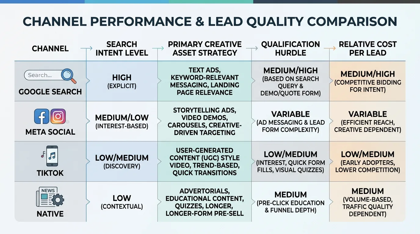 Table comparing paid media channels on intent, creative requirements, and CPL dynamics.