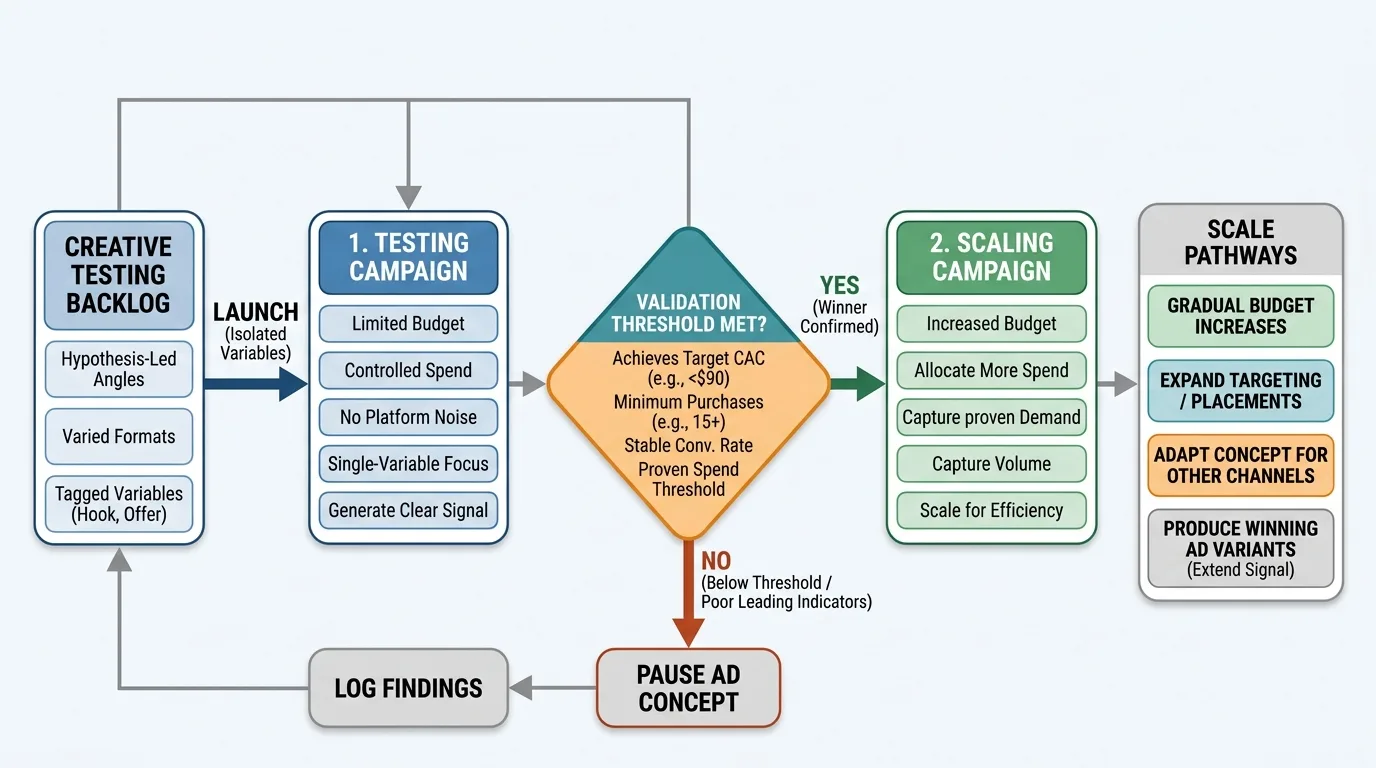 Flowchart showing the transition of an ad from a testing campaign to a scaling campaign.