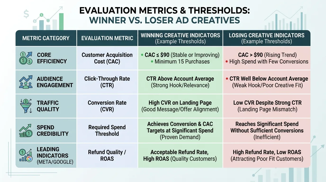 KPI matrix showing metrics used to identify winning and losing creatives.