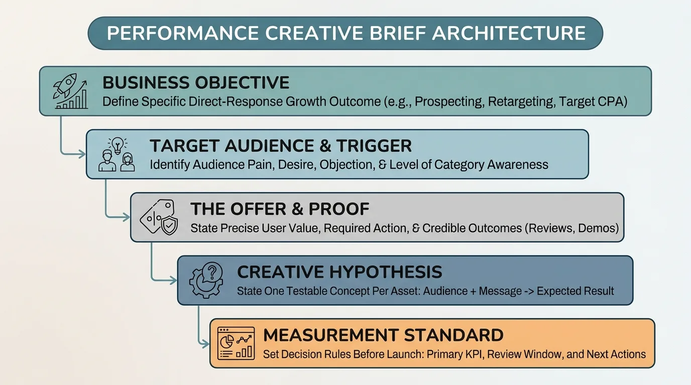 Performance creative brief architecture diagram showing five interconnected inputs.