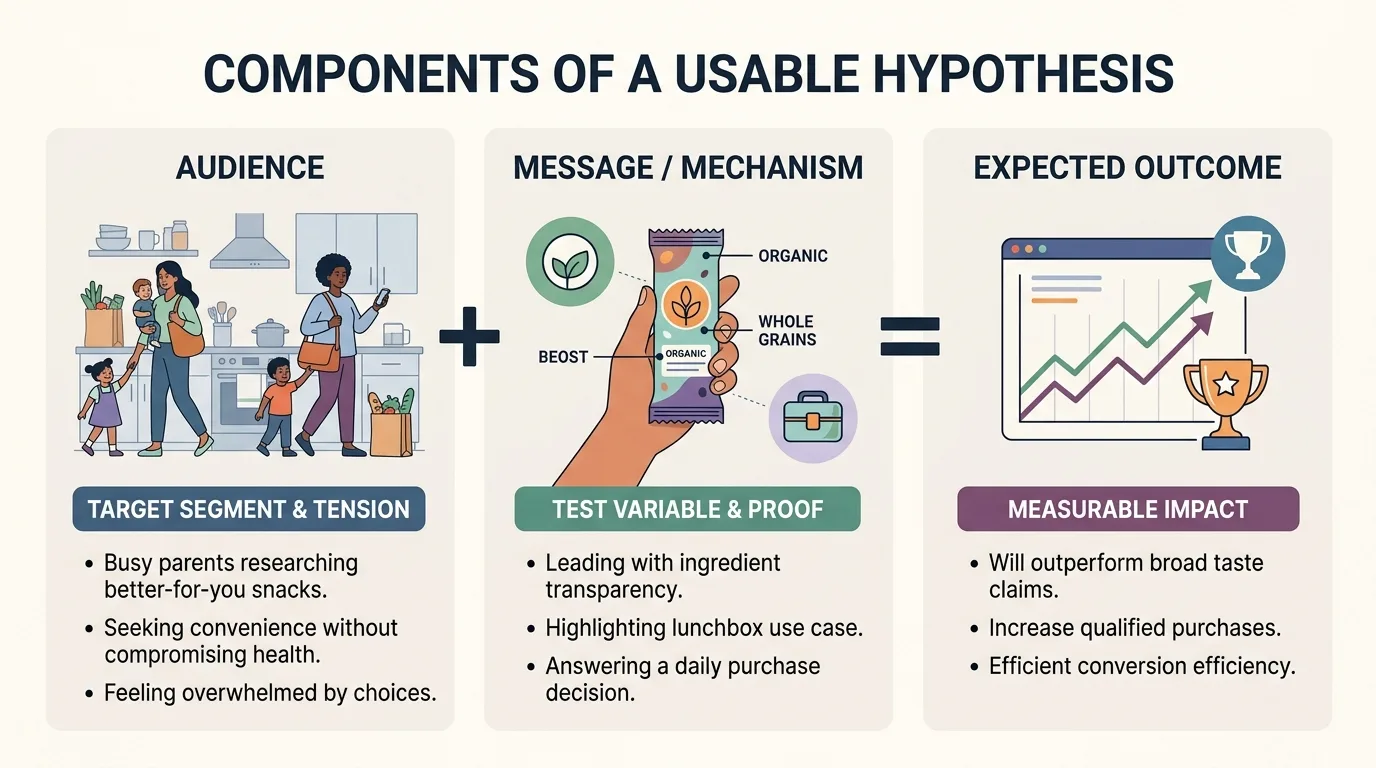 Diagram showing three parts of a performance creative hypothesis: audience, message/mechanism, and expected outcome.