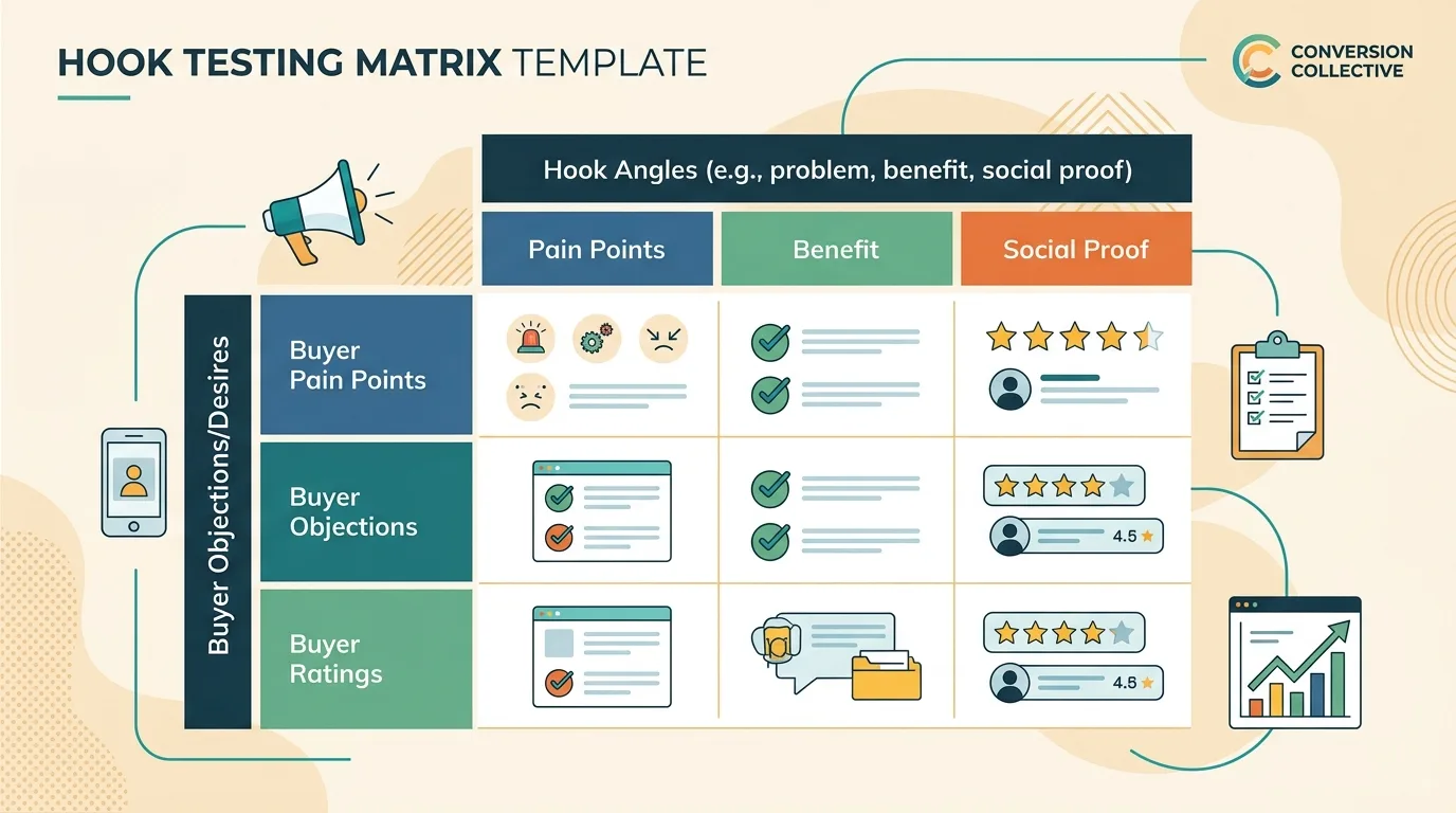 A visual layout of an ad creative hook testing matrix