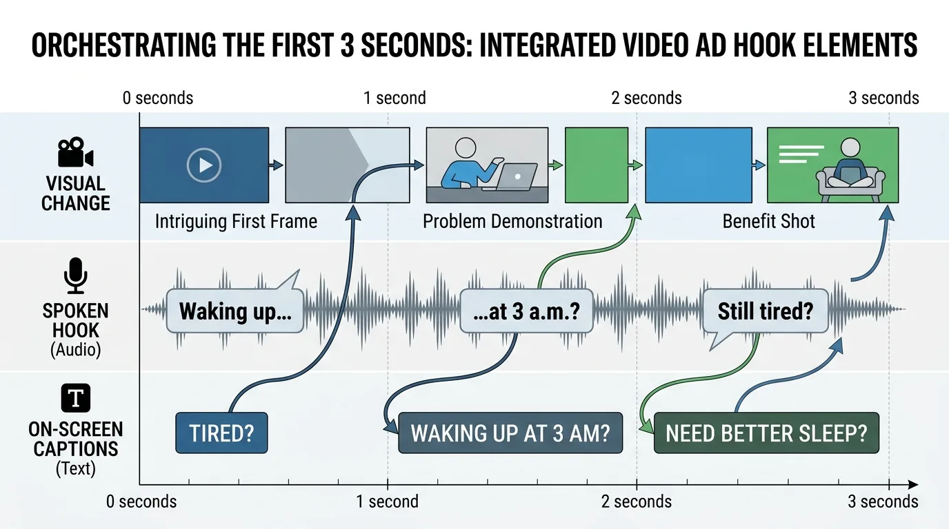 Infographic showing how visual, audio, and text work together in the first 3 seconds of an ad