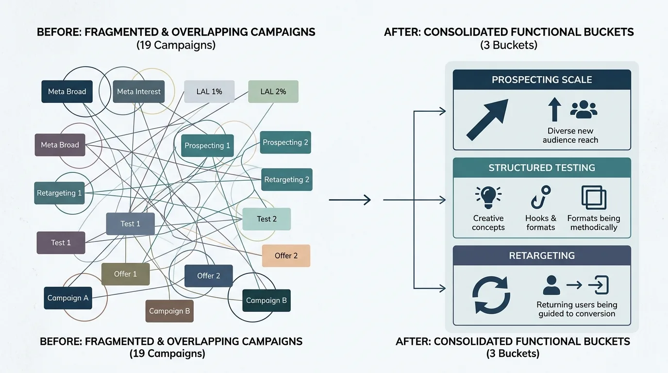 Visual diagram of Meta ad account campaign consolidation from 19 fragmented campaigns into 3 functional buckets