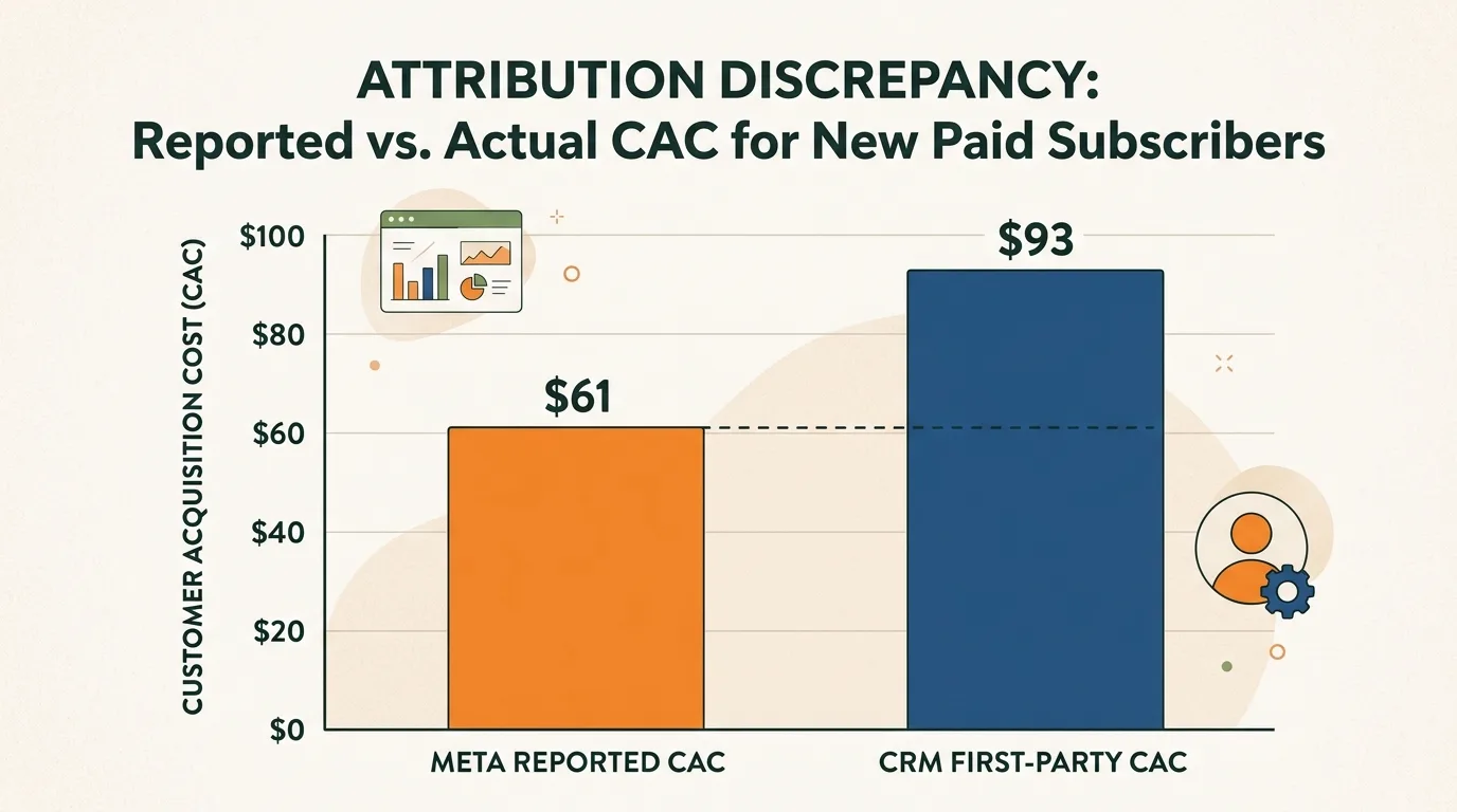 Comparison chart of Meta platform-reported CAC vs first-party CRM actual CAC