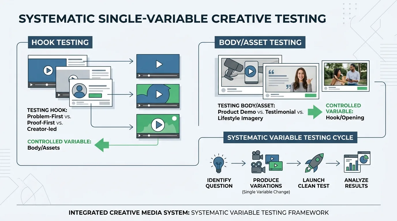 Diagram of systematic single-variable creative testing framework.
