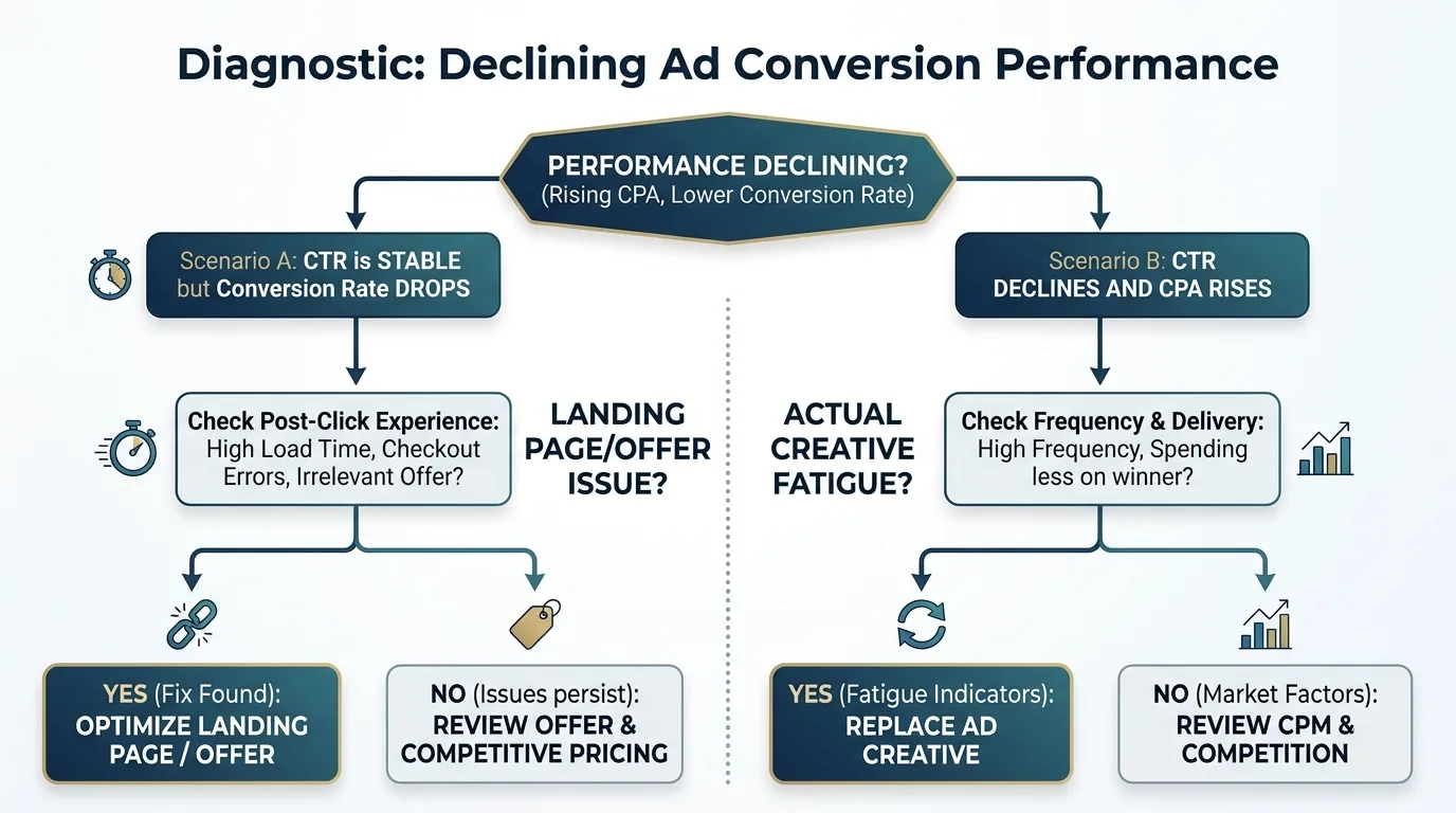 Flowchart showing when to optimize post-click experience versus when to replace ad creative.