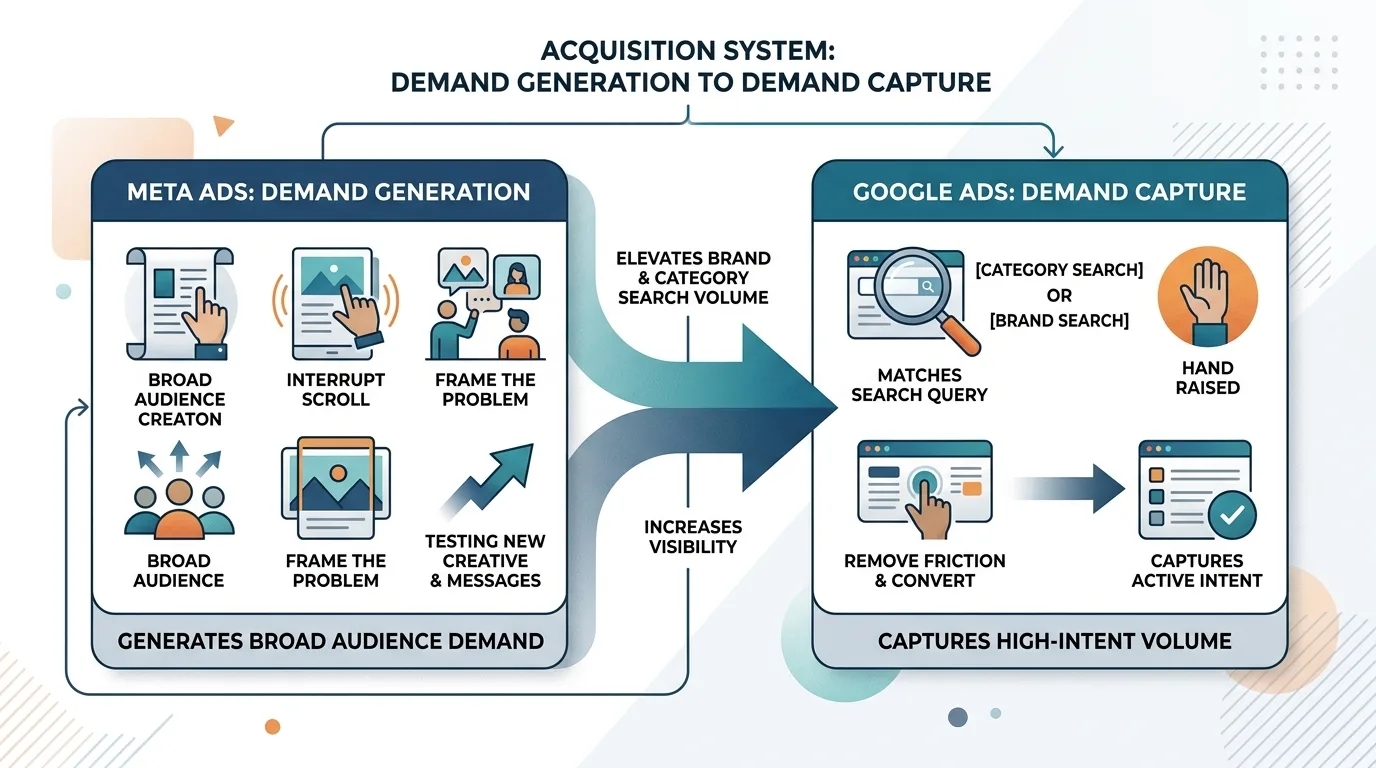 Diagram showing how Meta ad demand generation feeds Google search demand capture.