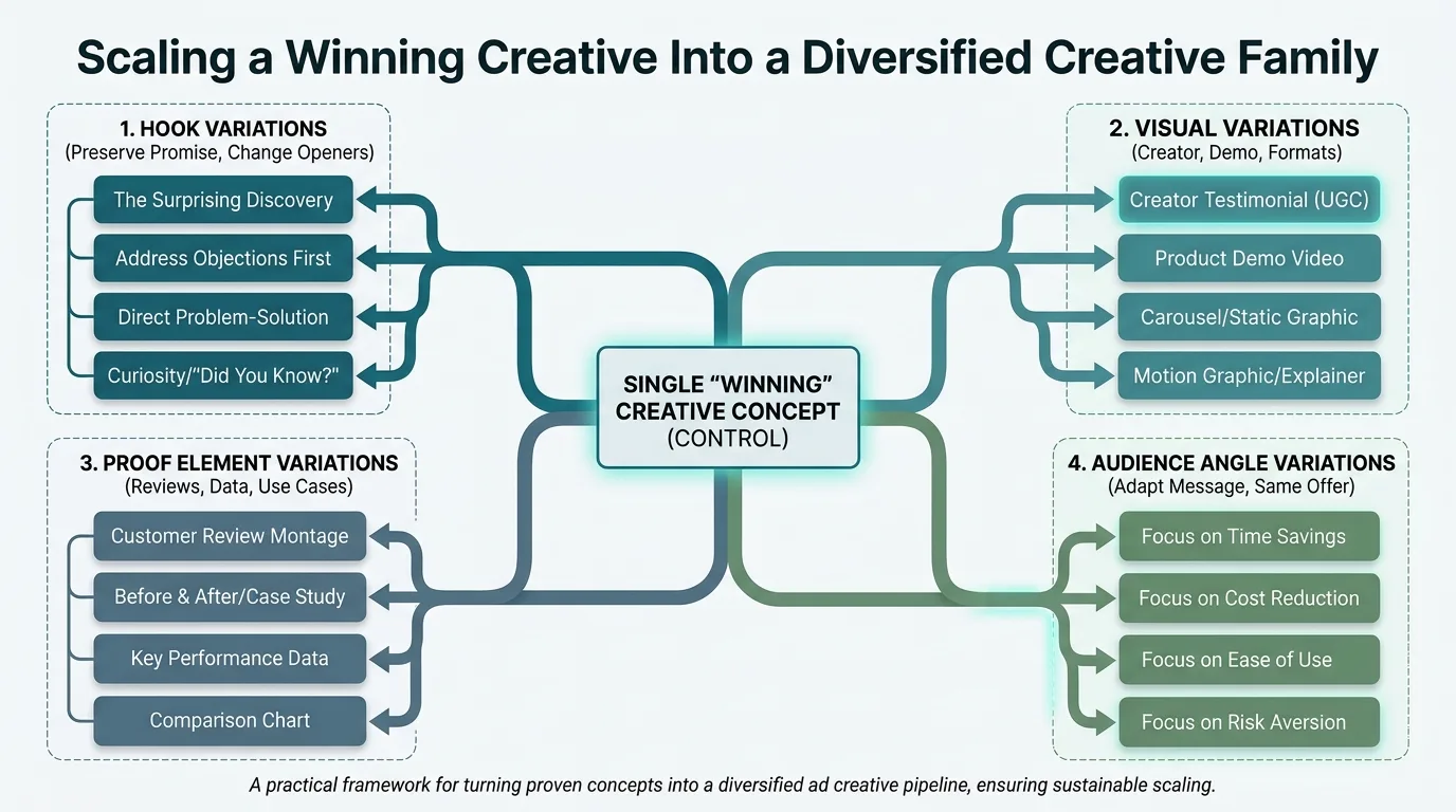 Diagram illustrating how a control creative concept scales into multiple hook, visual, proof, and audience variants