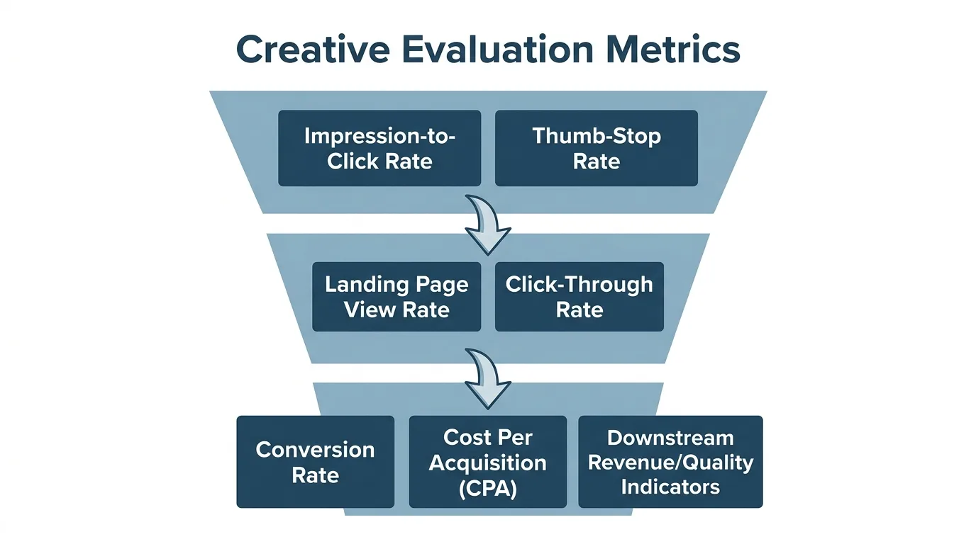 Visual funnel showing diagnostic metrics for creative testing evaluation.