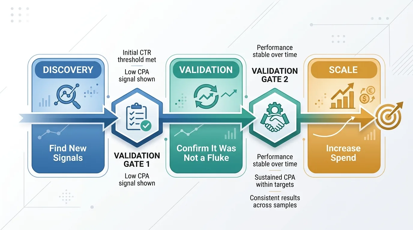 Workflow diagram of the three stages of ad testing: discovery, validation, and scale.