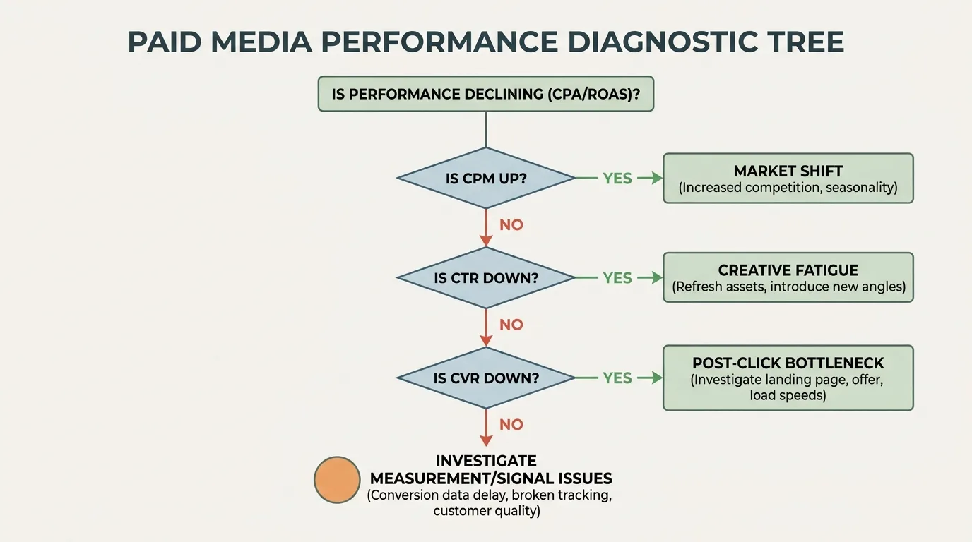 Flowchart displaying a step-by-step diagnostic path for analyzing paid media campaign performance drops.