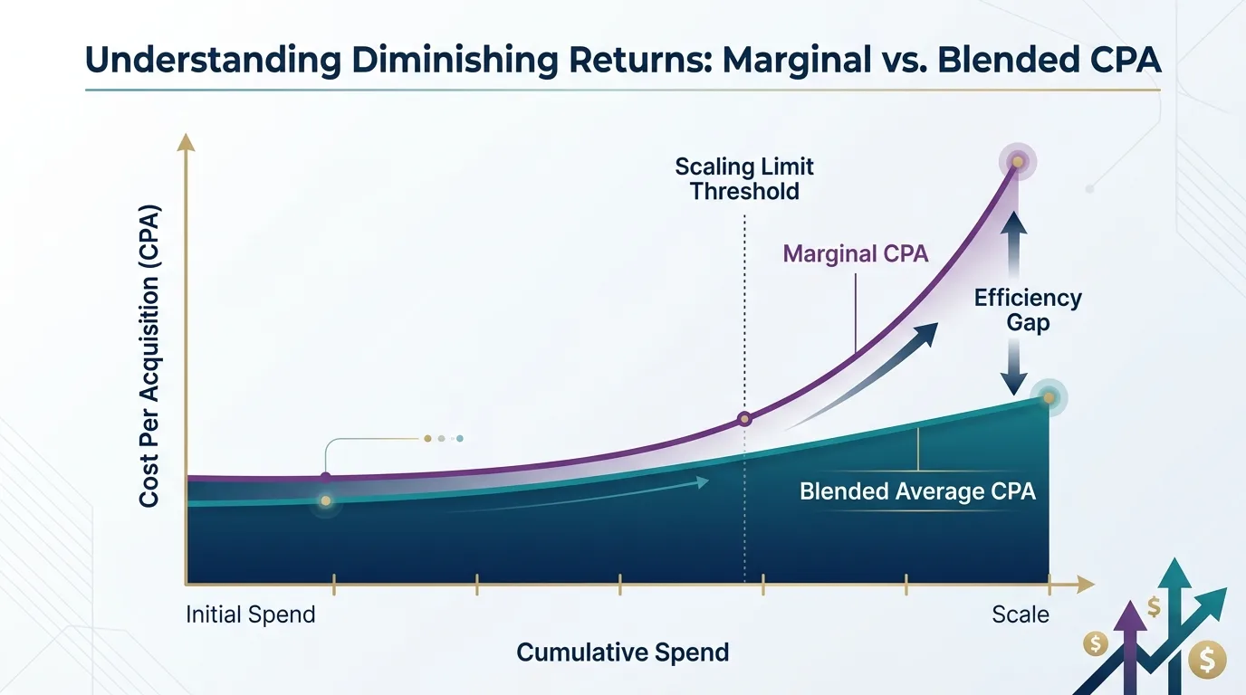 Chart illustrating the relationship between cumulative ad spend, marginal CPA, and blended CPA to demonstrate diminishing returns.