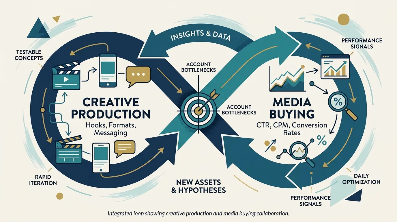 Integrated loop showing creative production and media buying collaboration.