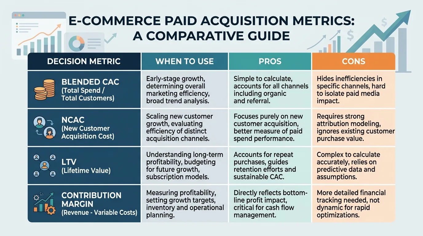 Comparison table of ecommerce paid acquisition decision metrics.
