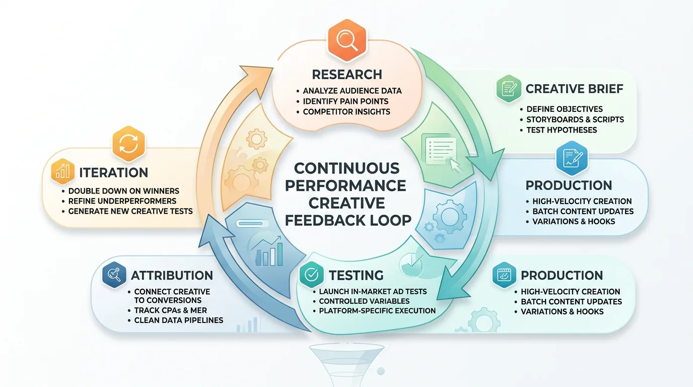 Performance creative feedback loop and iteration cycle diagram