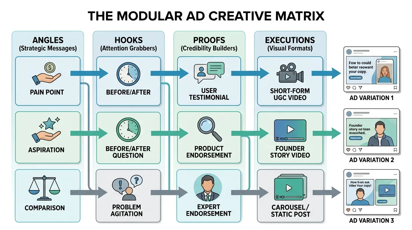 Diagram of a modular creative matrix showing angles, hooks, proofs, and execution methods.