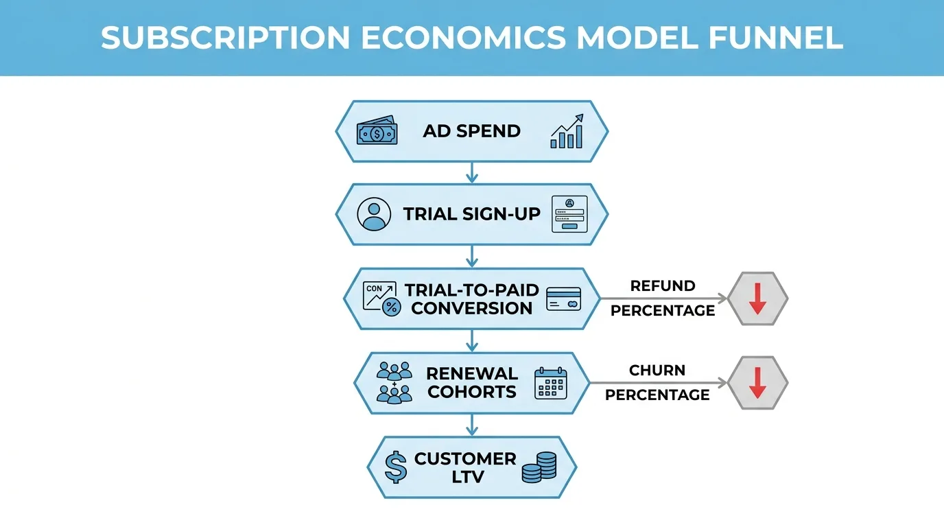 Subscription unit economics modeling funnel flow diagram
