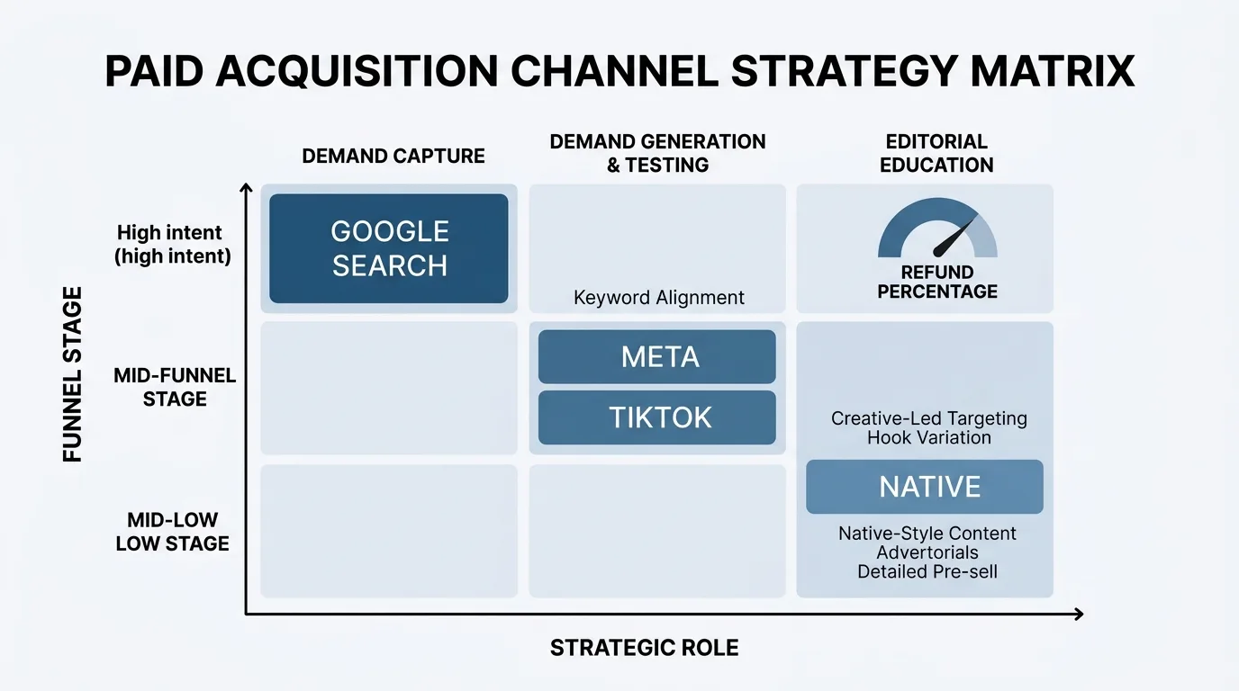 Paid acquisition channel matrix mapped by funnel and strategic role