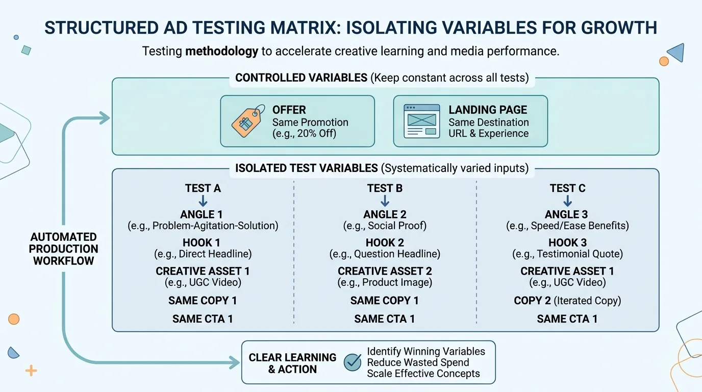 Diagram illustrating a structured ad testing matrix with controlled and variable creative elements.