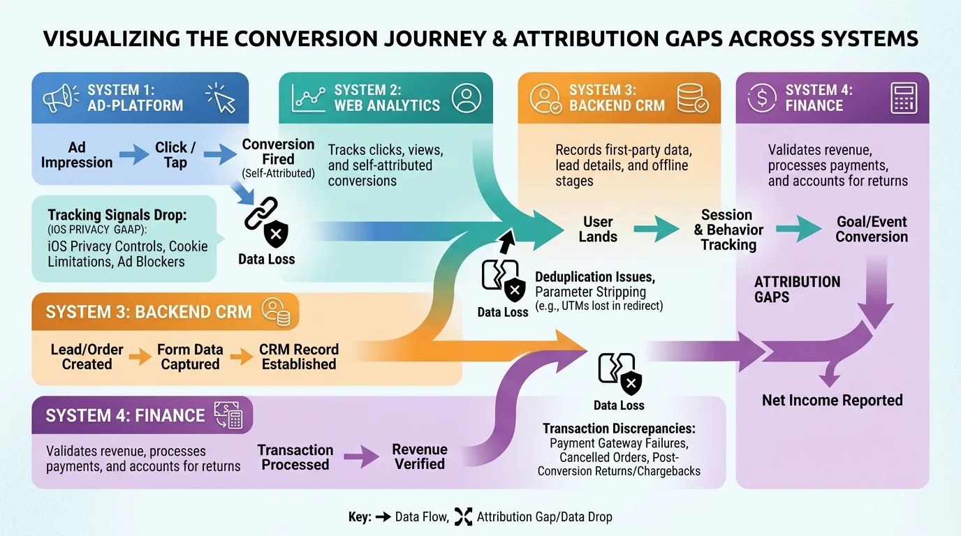 Flowchart showing conversion data flowing through ad-platform, web analytics, CRM, and finance systems with highlighted friction points.