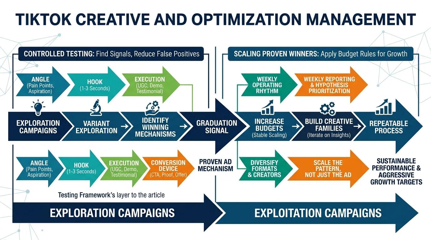 Diagram showing the separation of Exploration and Exploitation campaigns in TikTok ad testing
