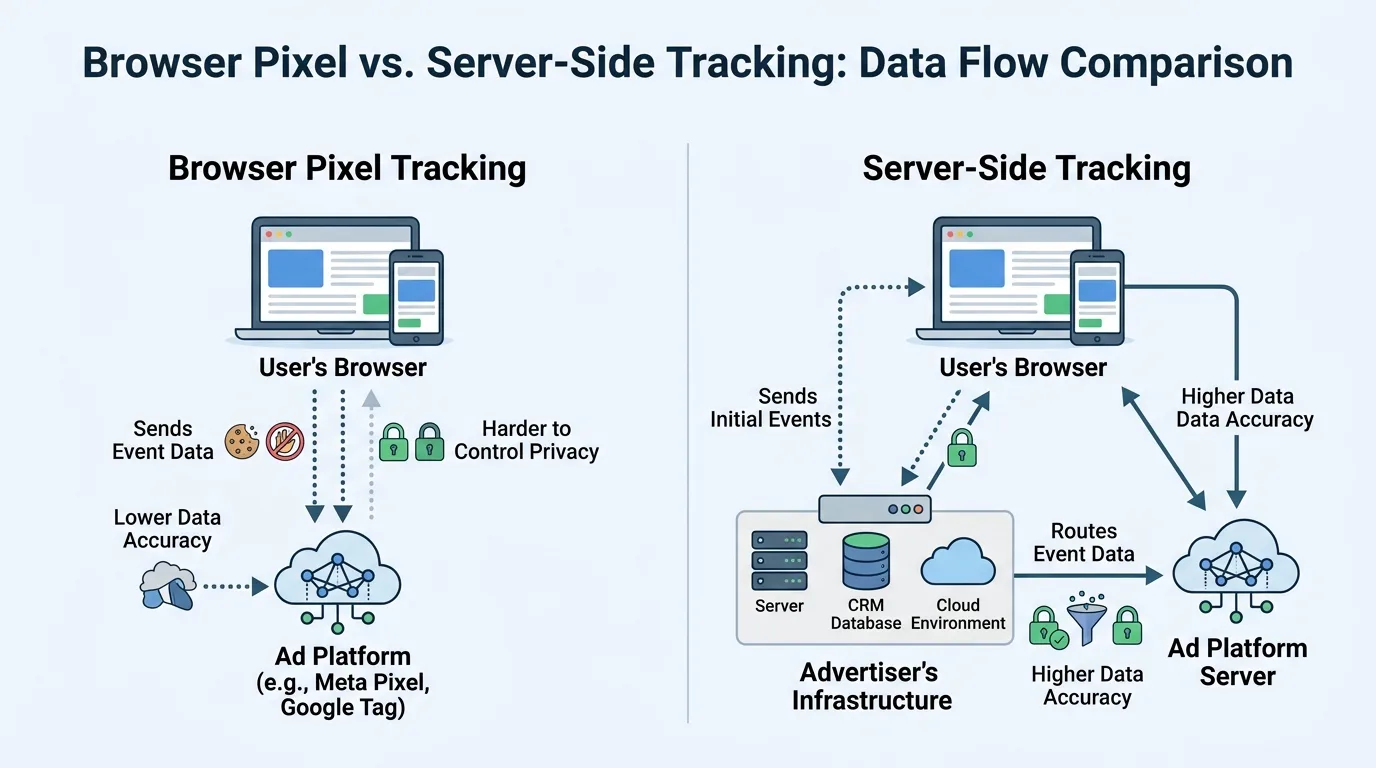 Diagram comparing browser pixel data flow vs server-side tracking data flow.