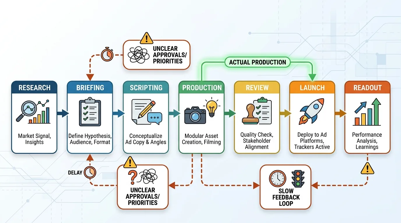 Flowchart showing creative production stages and bottlenecks in an advertising pipeline