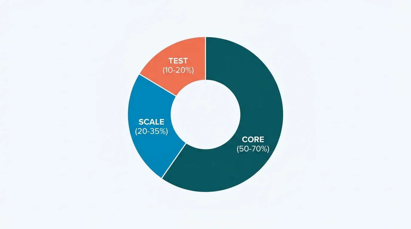 Pie chart illustrating the three-pool paid media budget allocation model with Core, Scale, and Test segments.