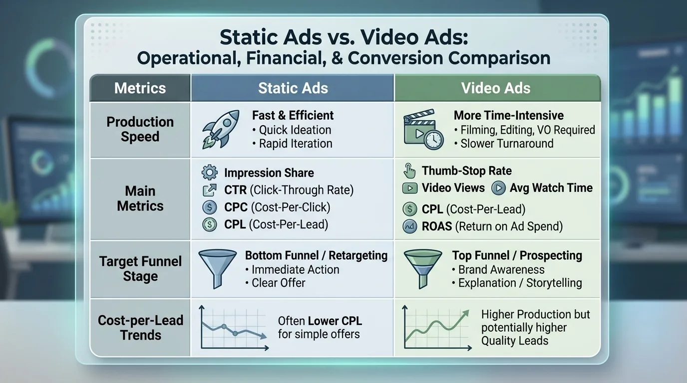 Comparison table of static ads versus video ads across key performance and production metrics