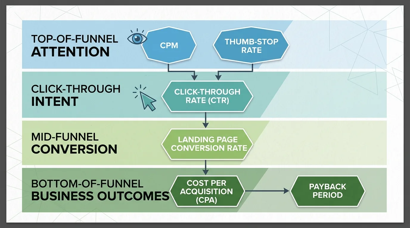 Layered measurement framework flow chart for digital ad creative testing