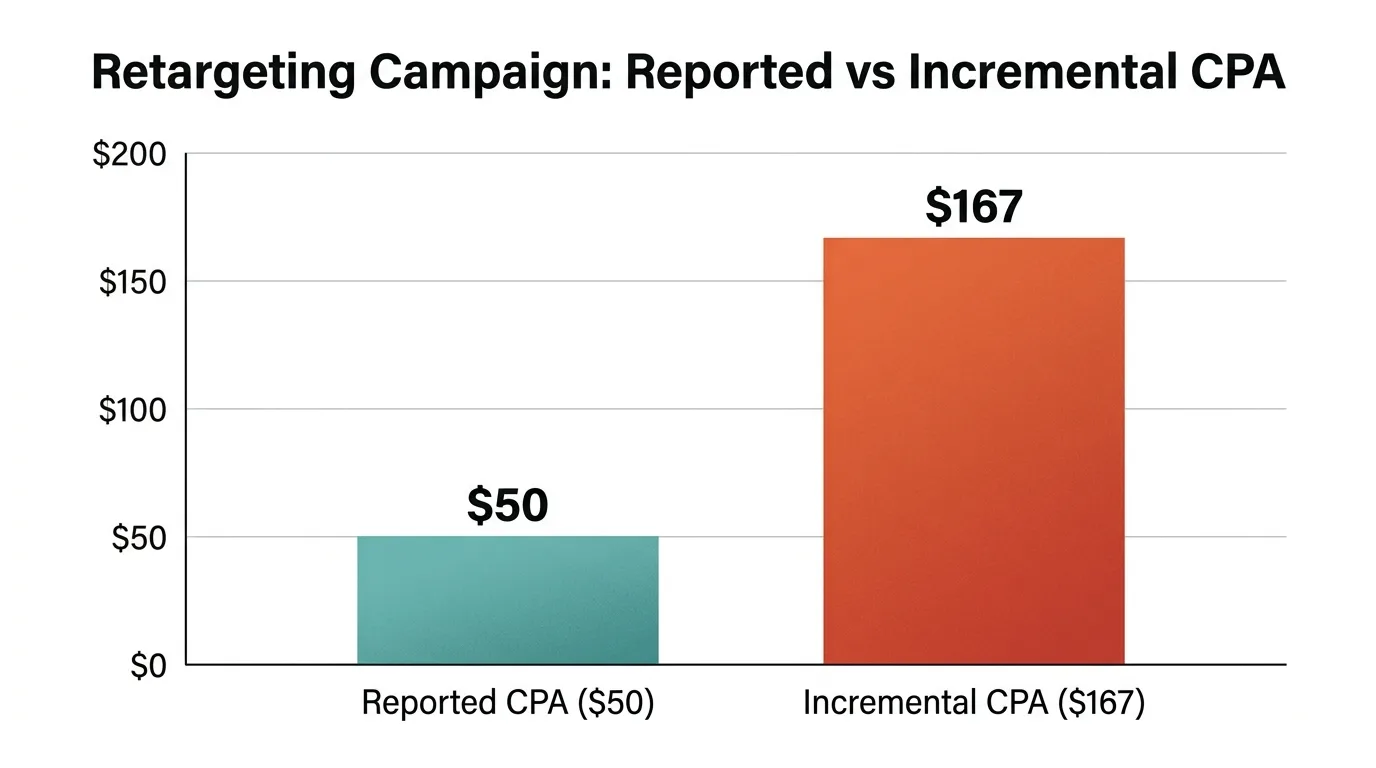 Bar chart comparing Reported CPA vs Incremental CPA in a retargeting campaign