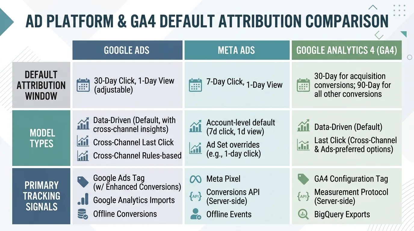 Comparison matrix of default attribution models and windows across ad platforms and GA4.