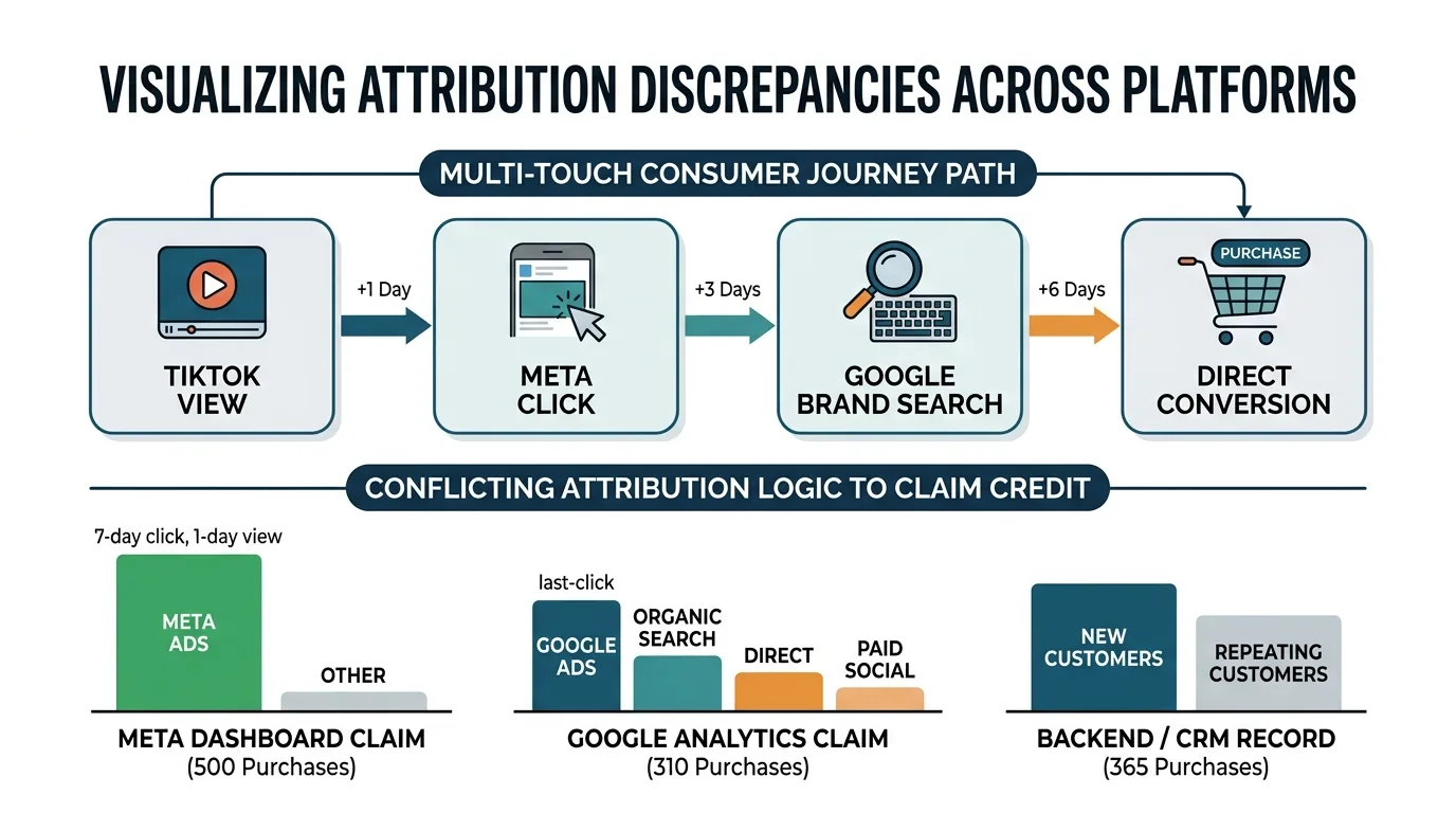 Diagram illustrating competing platform claims on a multi-channel user conversion path.