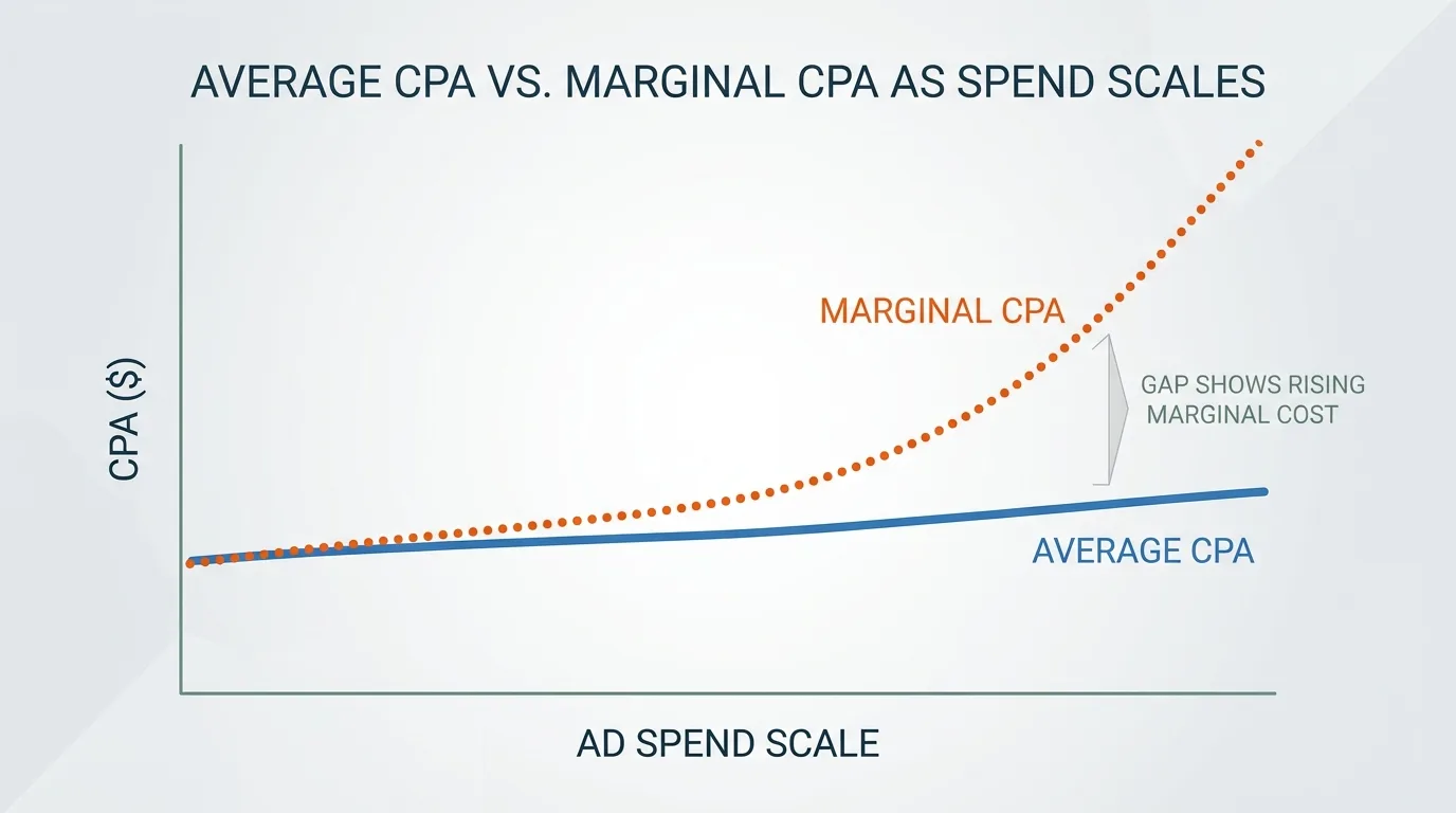 Line graph showing Average CPA vs Marginal CPA as ad spend scales