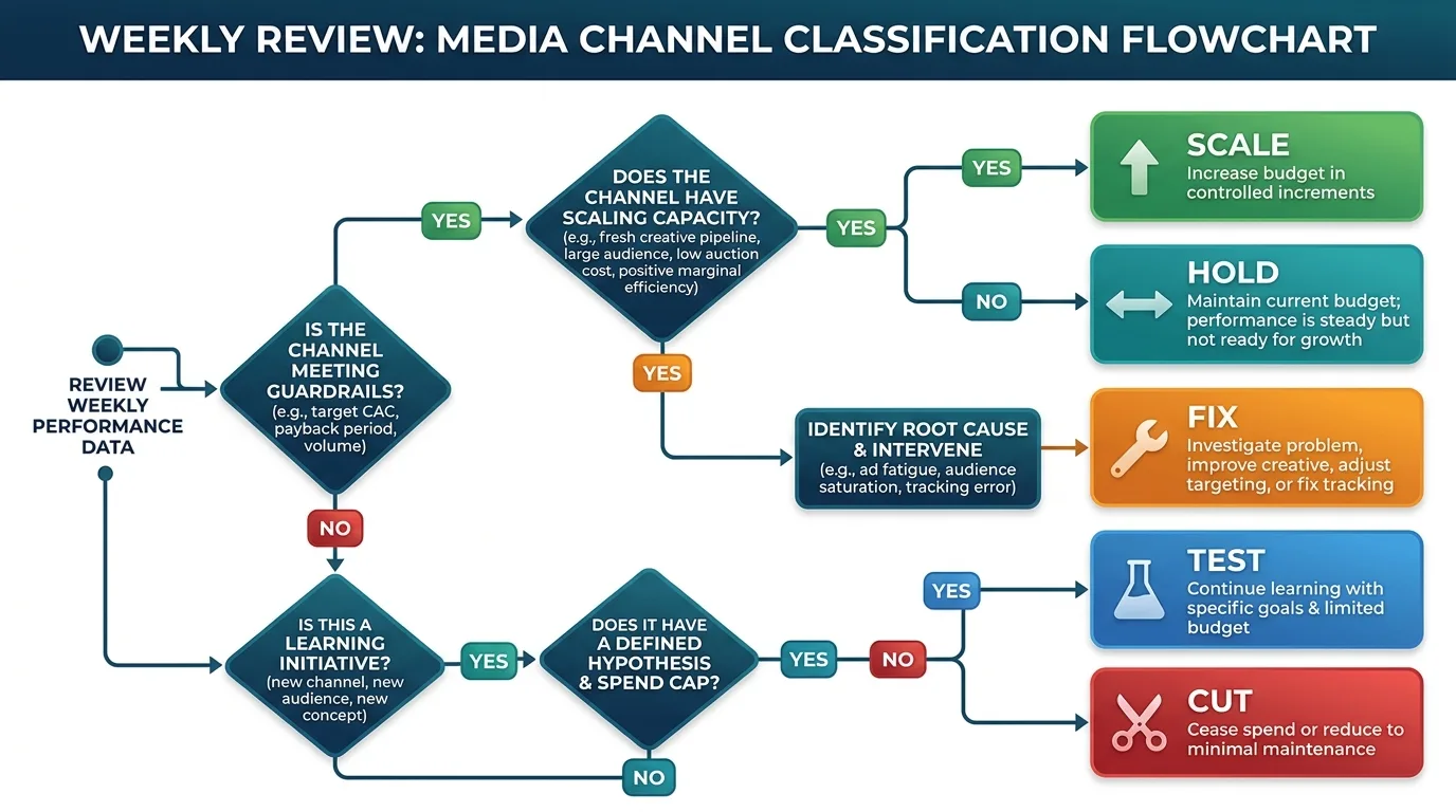 Weekly budget review reallocation decision flowchart