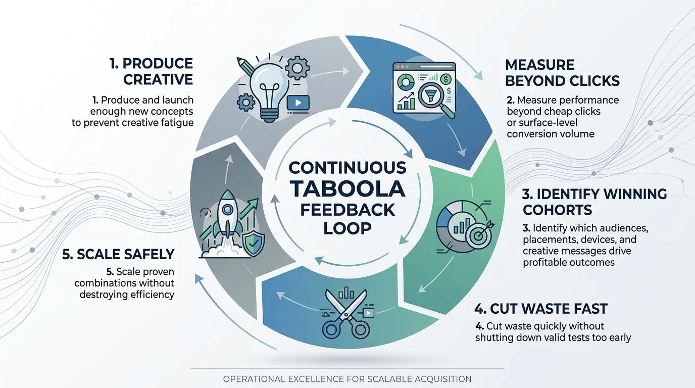Infographic showing the continuous feedback loop of a Taboola media buying program.